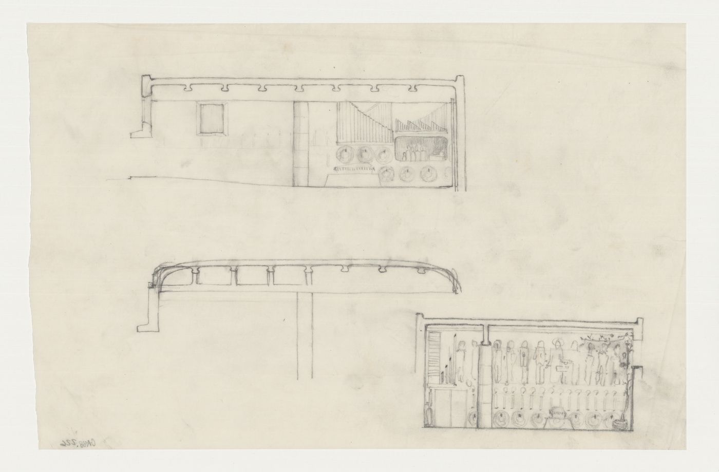 Sections and partial section for the Chapel of the Holy Cross showing a mural, Woodland Crematorium, Woodland Cemetery, Stockholm, Sweden