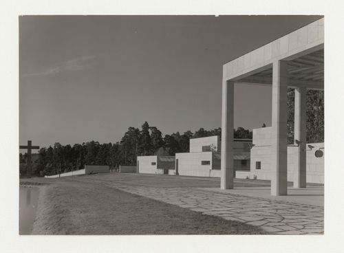 Exterior view of the Chapel of Faith, the Chapel of Hope, the loggia of Monument Hall and the Way of the Cross walkway, Woodland Crematorium and Cemetery, Stockholm