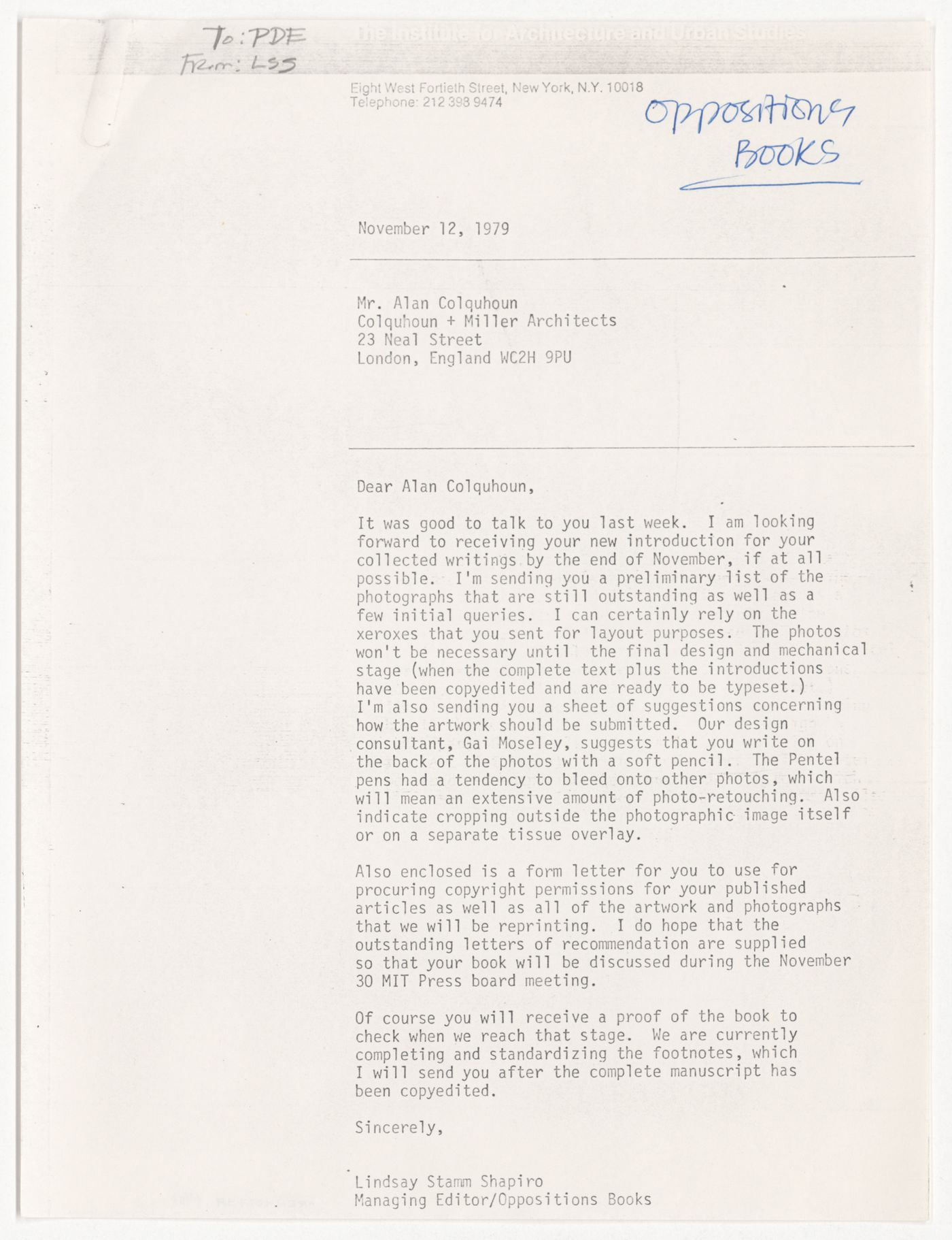 Letter from Lindsay Stamm Shapiro to Alan Colquhoun about Colquhoun's collected writings with attachments