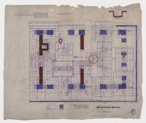 Monadnock Building, Chicago: Foundation plan with section for the ejector pit and plan for bottom course of beams in the division walls