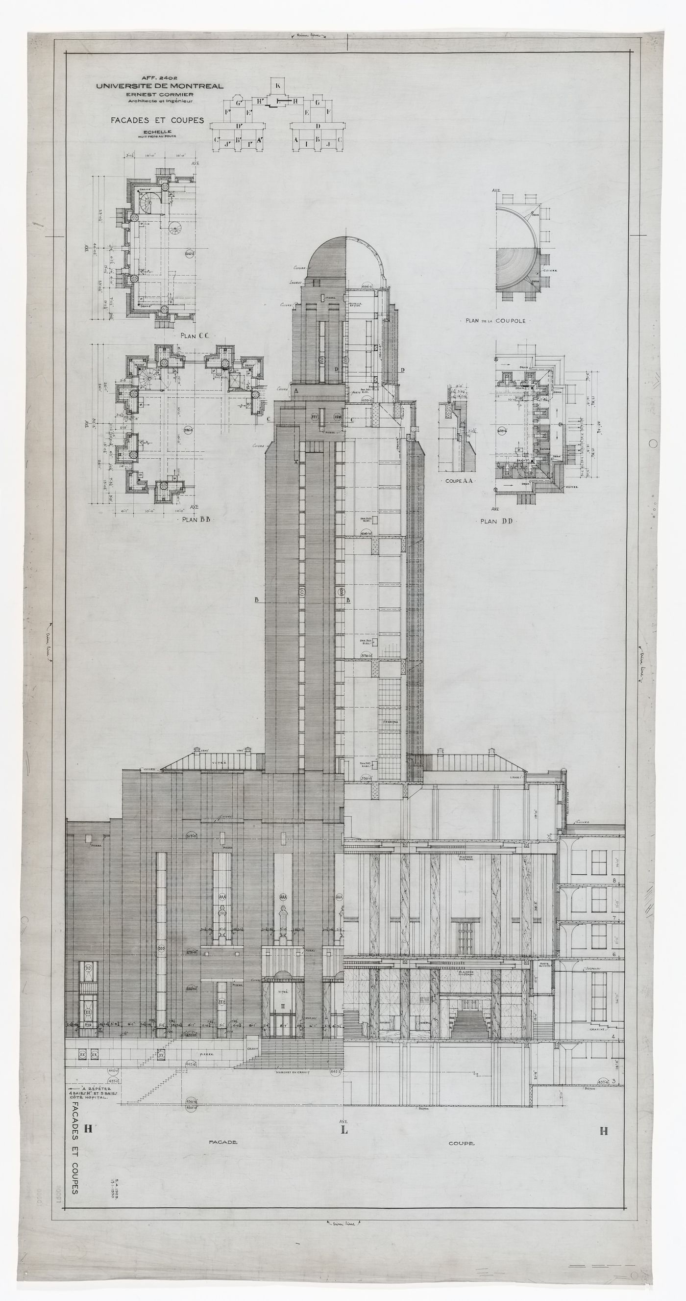 Élévation, coupes et plans pour le vestibule d'honneur et la tour, Pavillon principal et campus, Université de Montréal, Montréal, Canada