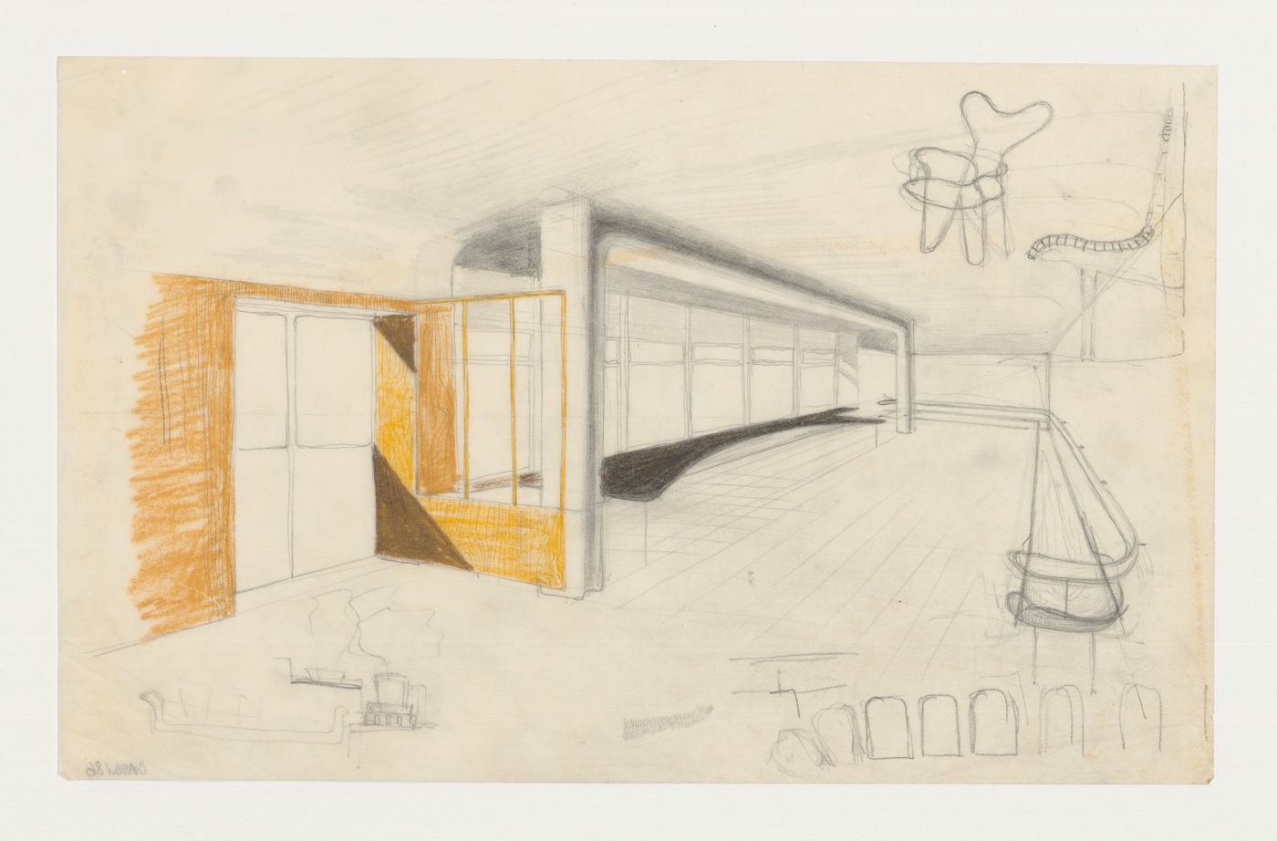Interior perspective for the waiting room for the Chapel of Faith or the Chapel of Hope with a plan for a bench [?] and sketches for chairs, Woodland Crematorium, Woodland Cemetery, Stockholm, Sweden