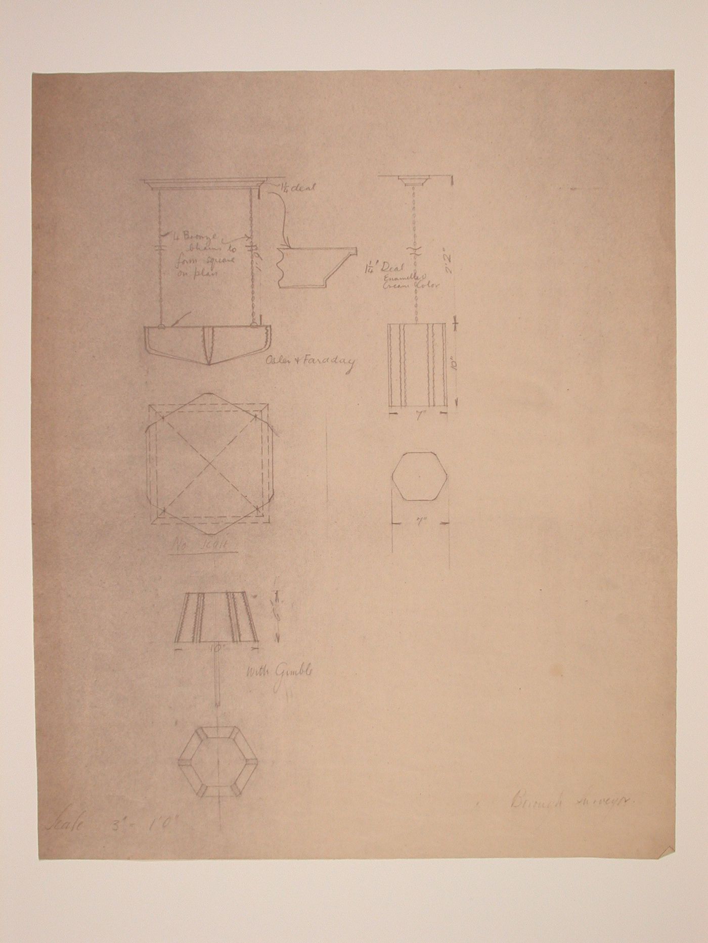 Elevations, plans and a section for three lamps, probably for Electric House, Battersea Borough