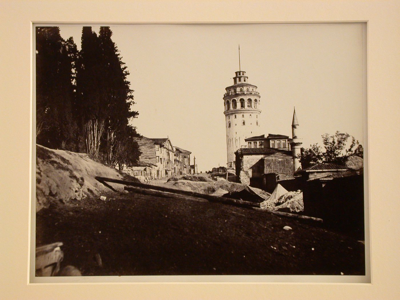 View of the Galata Tower with buildings on the left and in the foreground, Constantinople (now Istanbul), Ottoman Empire (now in Turkey)