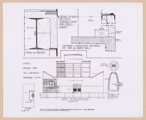Photograph of a drawing showing an end elevation and details for a steel sash and a cesspool of the Forge Shop, Packard Motor Car Company Assembly Plant (now abandoned), East Grand Boulevard, Detroit, Michigan