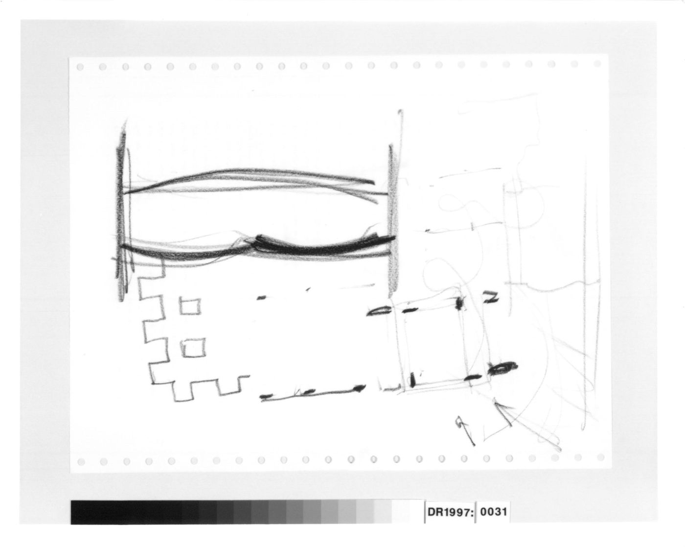 Sketch for the lattice roof, sketch elevations for columns E and D, a sketch plan for the pavilion and doodles for the E,D,E,N, Pavilion, Rheinfelden, Switzerland