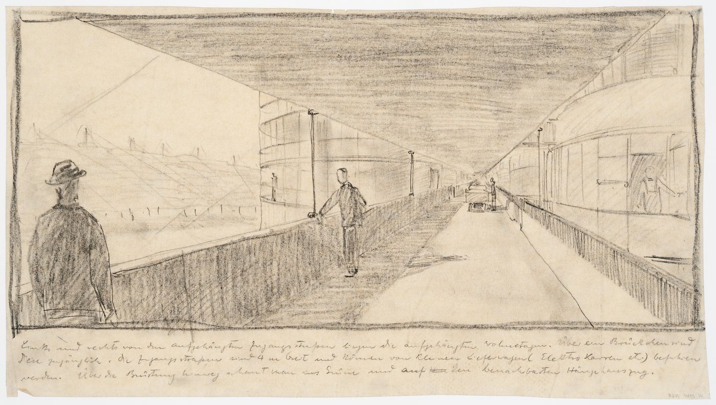 Project for suspension housing units: perspective view along a suspended gangway