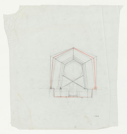 Wayfarers' Chapel, Palos Verdes, California: Cross section through the chapel looking towards the altar