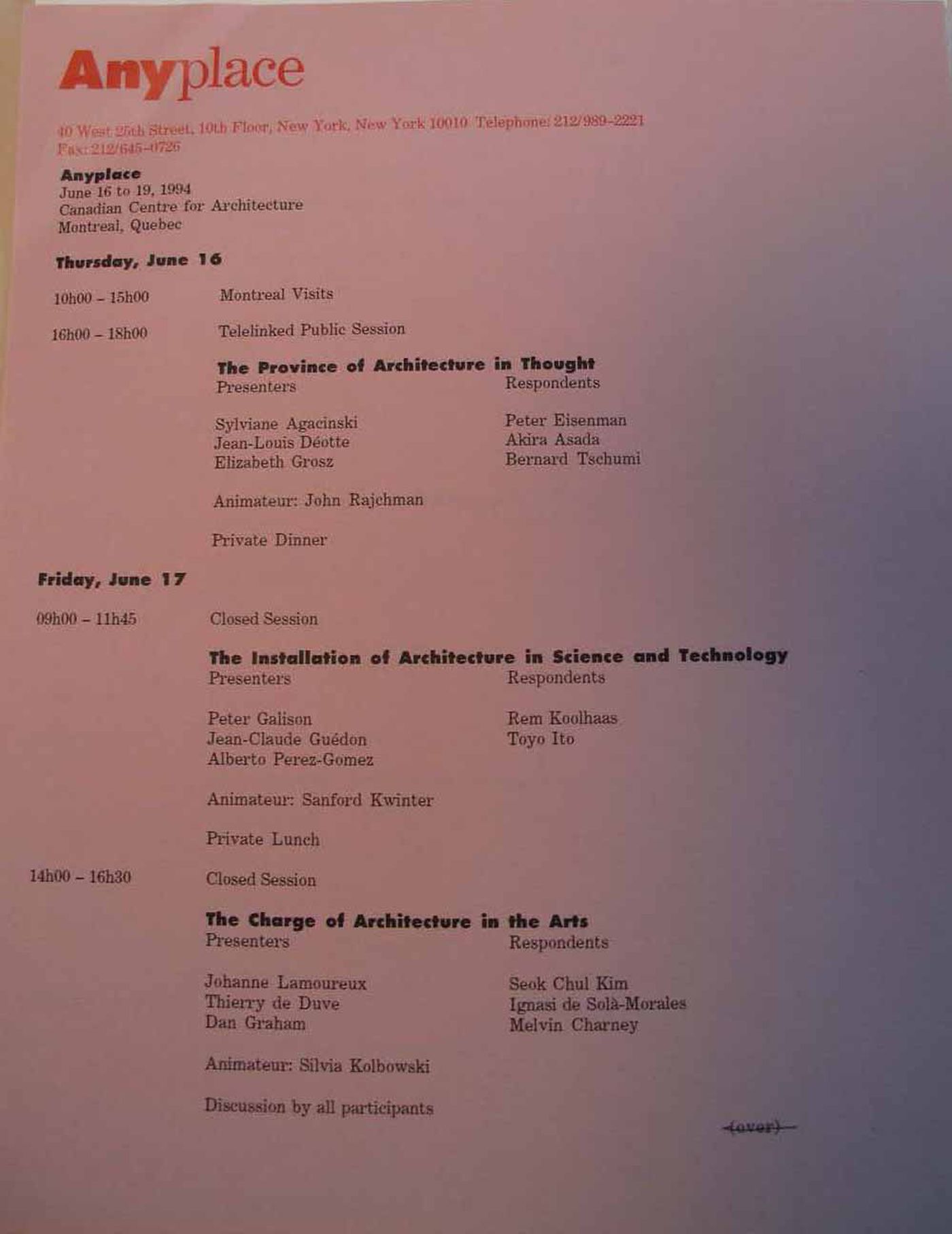 Program for the Anyplace Conference at the Canadian Centre for Architecture