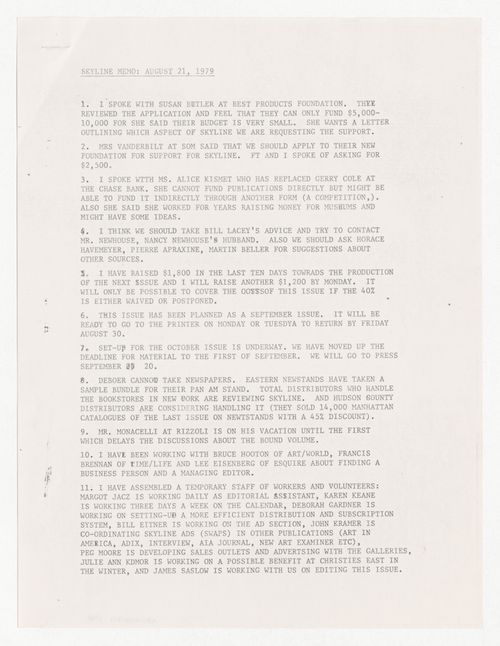 Memorandum about Skyline September issue with attached list of articles for the September and October issues