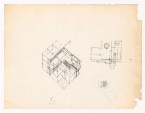 Sketch axonometric and plans for House VI, Cornwall, Connecticut