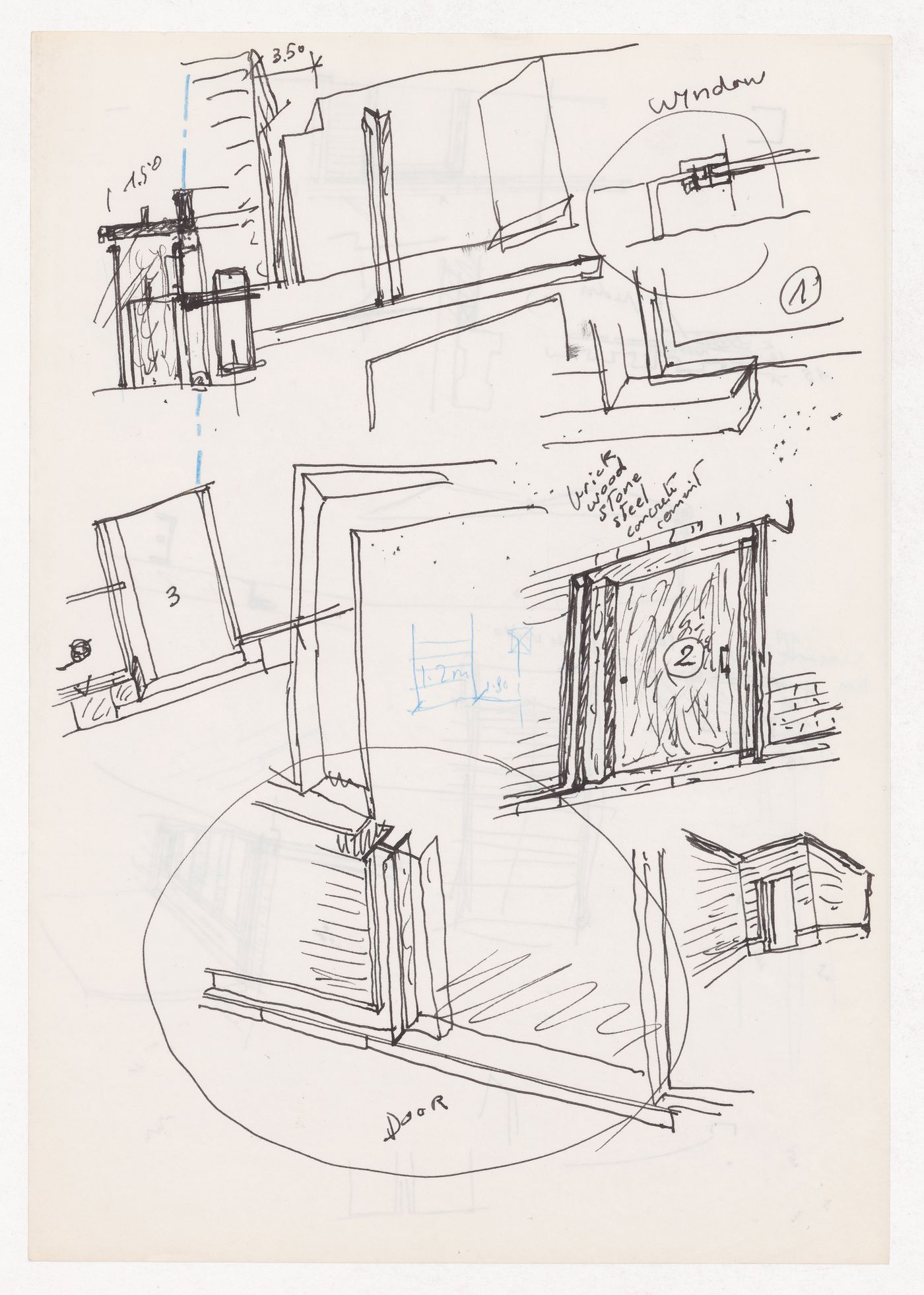 Sketch details and perspectives of doors and windows for Vitra International, Weil am Rhein, Germany; verso: Sketch details for Vitra International, Weil am Rhein, Germany