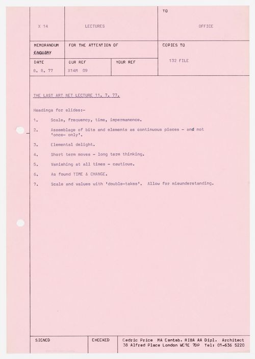 Memorandum to Office about lecture presented at Art Net, July 11, 1977