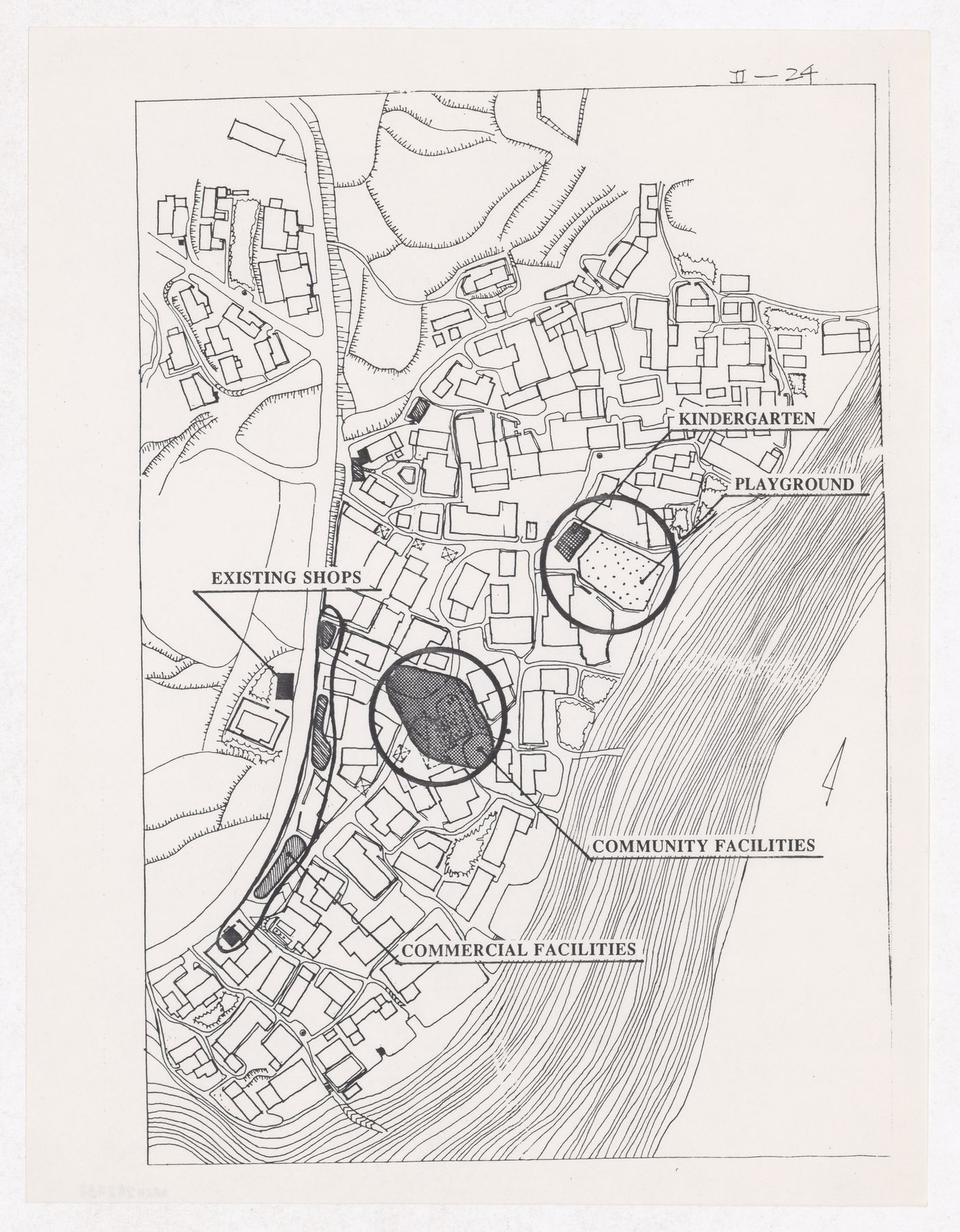 Plan showing commercial zoning and community areas for the Sichuan housing project for "Housing a Billion: Urban Upgrading: Design Ideals for Rural China" publication