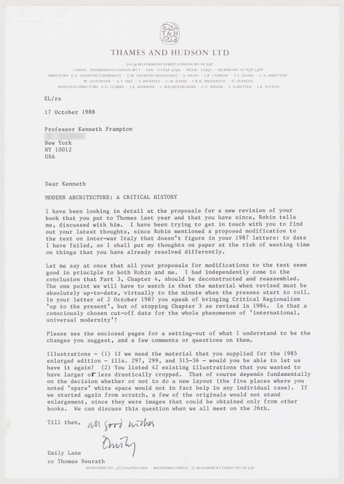 Letter from Emily Lane to Kenneth Frampton about revisions for  "Modern Architecture: A Critical History"