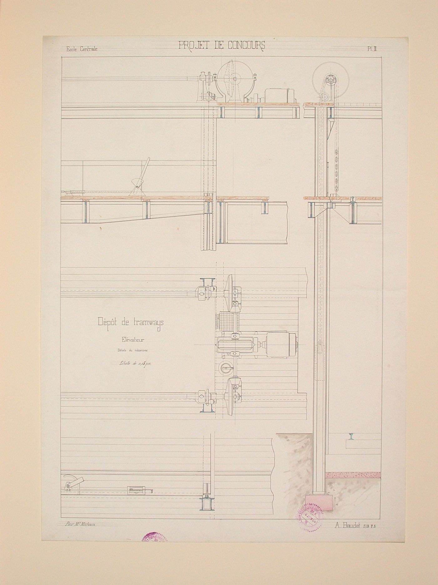 Student engineering drawing: details of an elevator mechanism for a tramway depot competition project