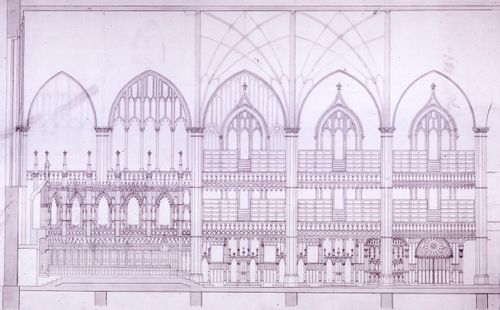 Longitudinal section for the interior design by Bourgeau et Leprohon for Notre-Dame de Montréal