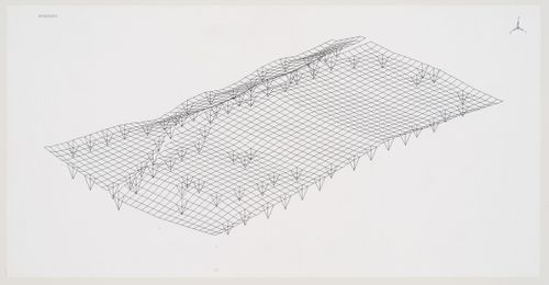 Perspective view of space frame showing grid formed by lower chords of trusses, Odawara Municipal Sports Complex, Odawara, Kanagawa, Japan