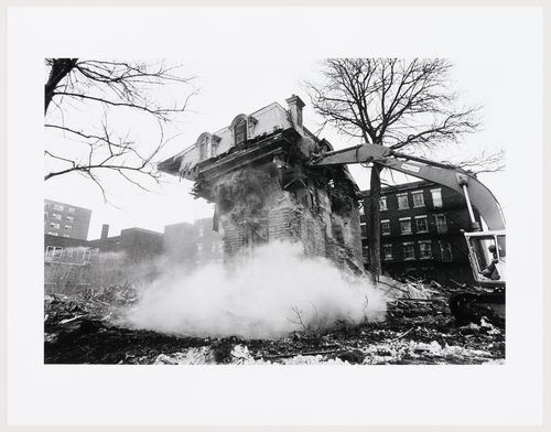 View of Dandurand House under demolition, boulevard Dorchester (now boulevard René-Lévesque) and rue Saint-Mathieu, Montréal, Québec