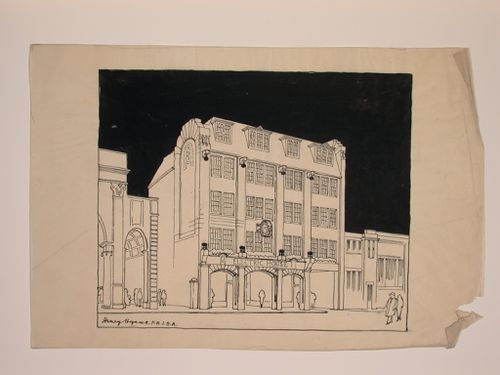 Perspectival view showing street façade of Electric House, Battersea Borough