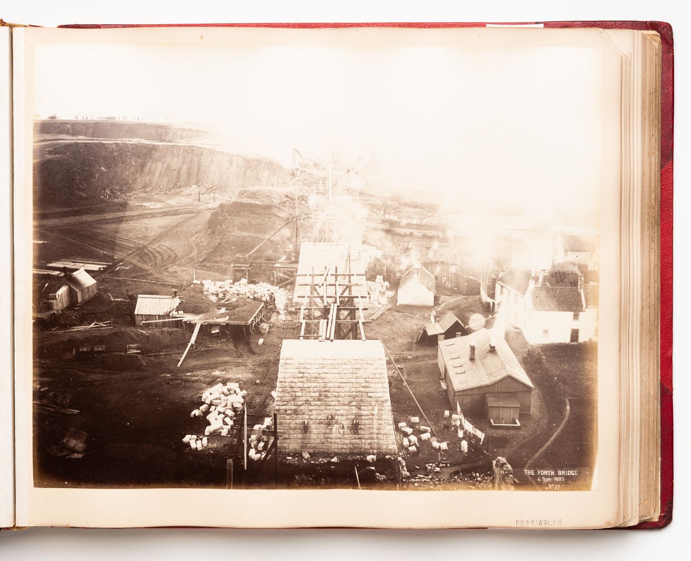 View of a building site for the construction of the Forth Bridge, Firth of Forth, Scotland, United Kingdom