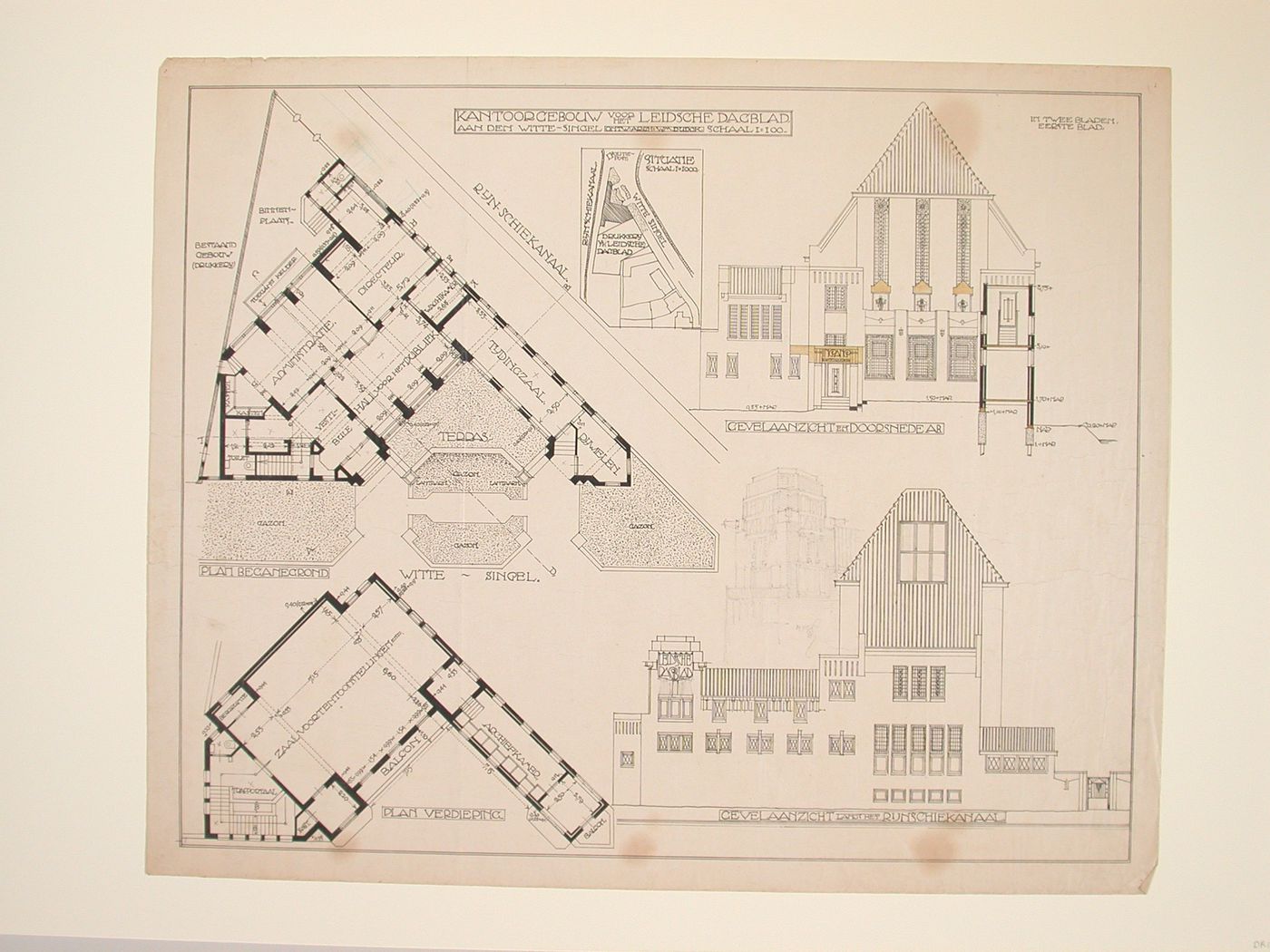 Plans, section, elevation and partial sketch perspective for the Leidsch Dagblad Building, Leiden, Netherlands