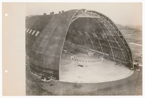 Exterior view of the Goodyear-Zeppelin airship factory and dock, from air, in Akron, Ohio, United States