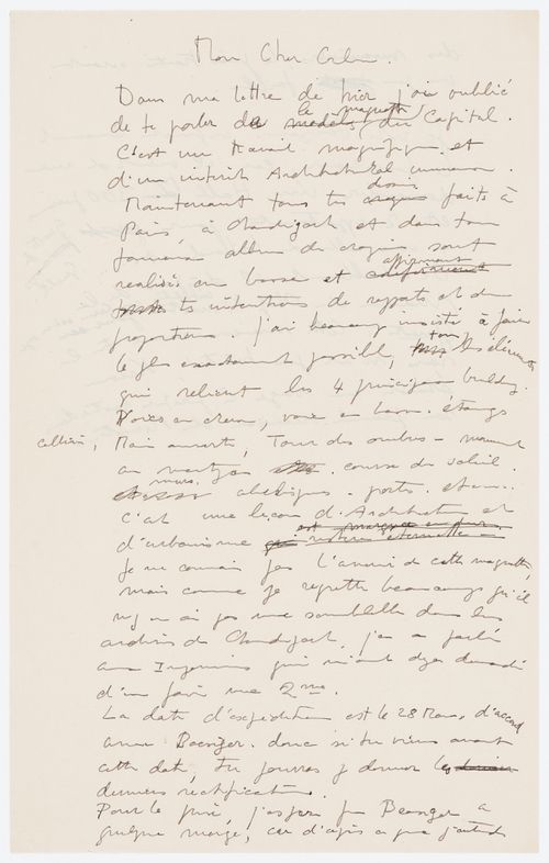 Fragment d'un brouillon d'une lettre de Pierre Jeanneret à Le Corbusier relatif à Chandigarh, Inde