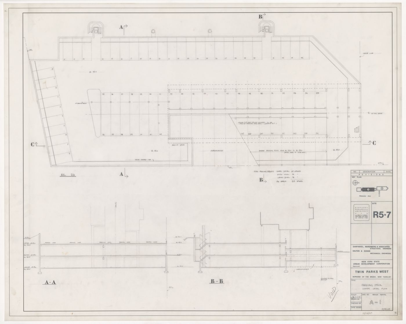 Parking deck plan and sections for Twin Parks West, Site R5-7, Bronx, New York