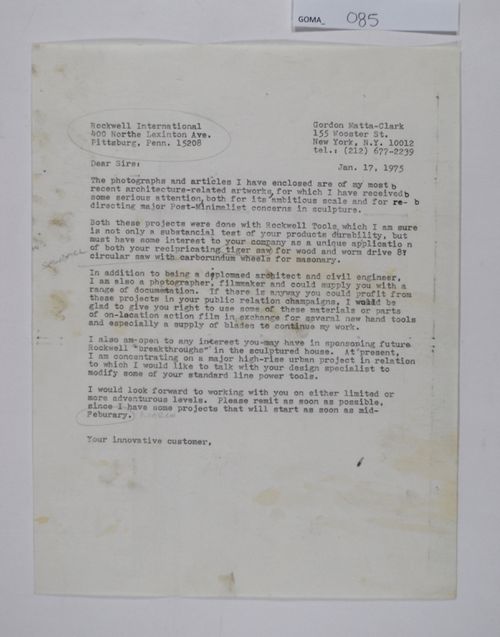 Letter from Gordon Matta-Clark to Rockwell International