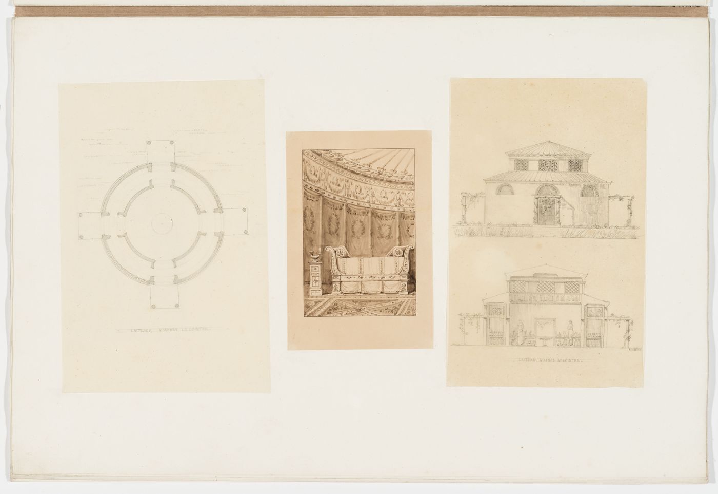 Plan, interior view, elevation and section for a dairy