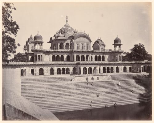 View of a pavilion and ghat, Bhurtpore (now Bharatpur), India