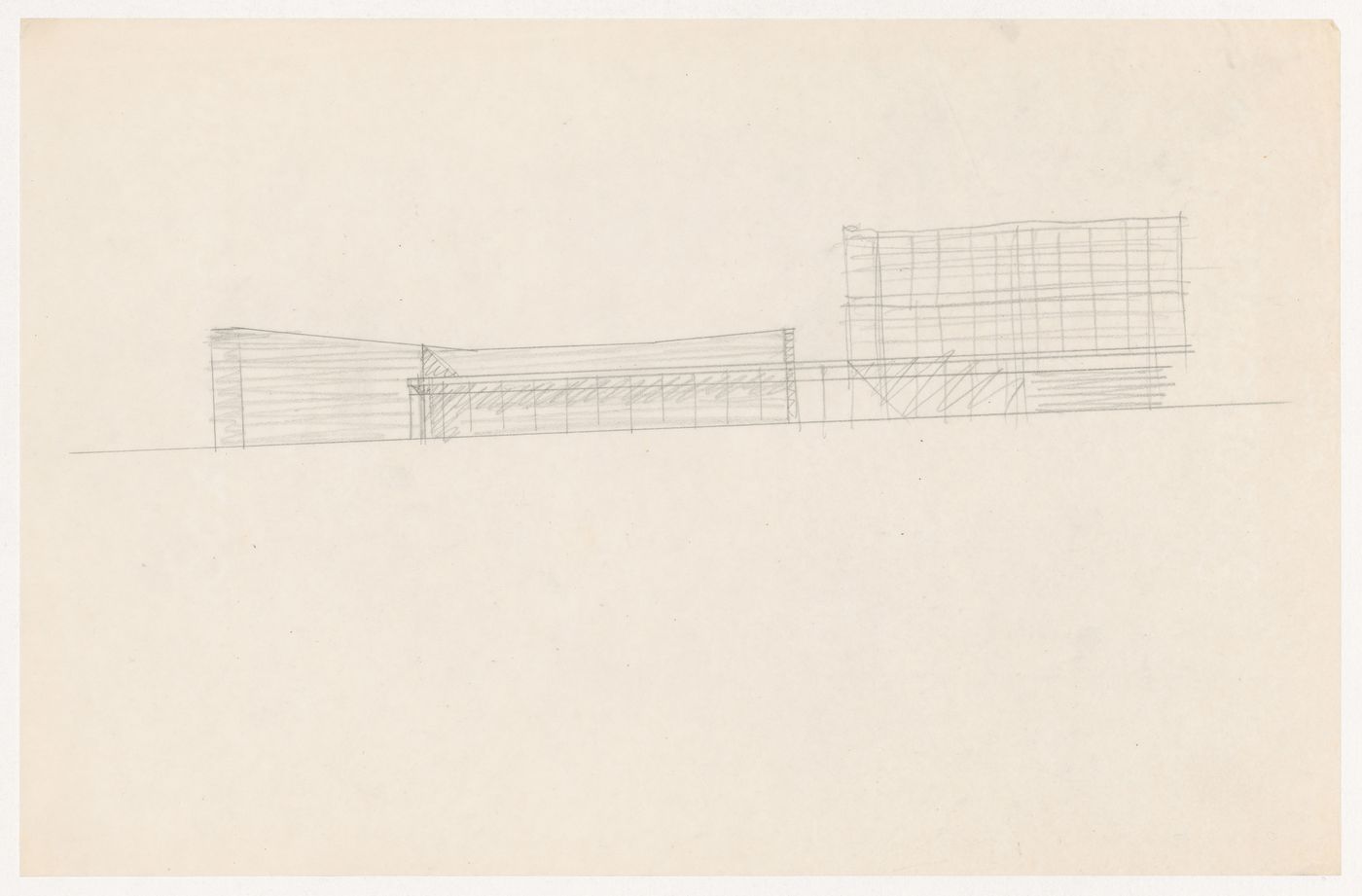 Sketch elevation for an auditorium and connected structure for Illinois Institute of Technology
