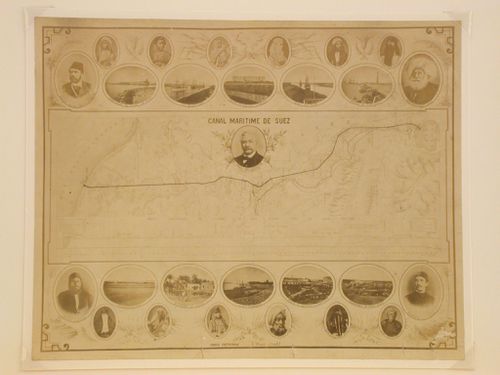 Canal Maritime de Suez: map of route of Suez Canal, and views of principal points along the route, local Egyptian officials and major figures of the canal constuction, Suez, Egypt