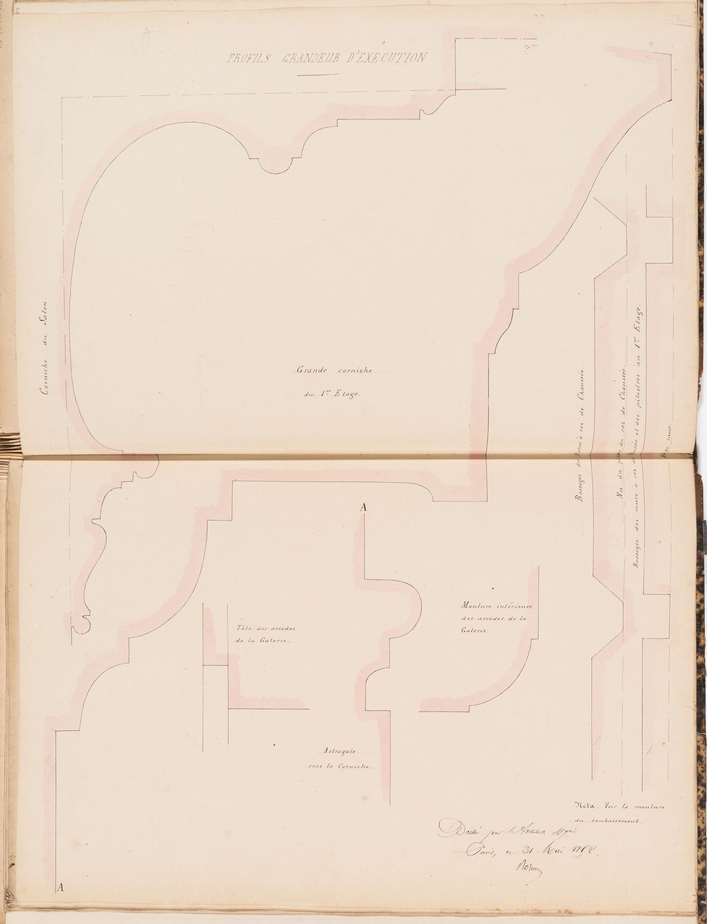 Full-scale profiles for cornices, bosses, mouldings and an astragal for a country house for Madame de Lescure, Royan