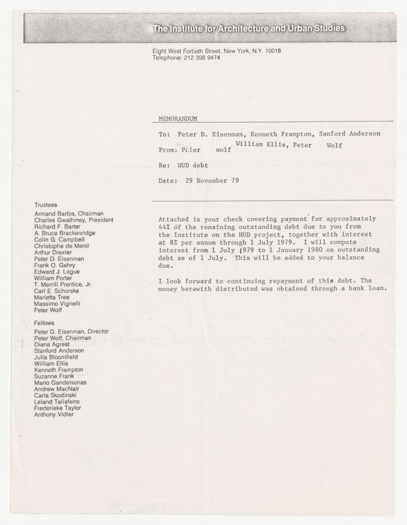 Memorandum from Peter Wolf to the Fellows about Department of Housing and Urban Development (HUD) dept repayment