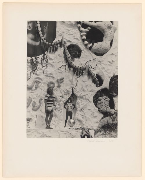 New York World's Fair (1939-1940): Man standing in front of portion of the façade of "Dream of Venus" by Salvador Dali