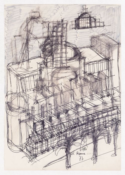 Perspective sketch and sketch elevation for Centro Direzionale, Florence