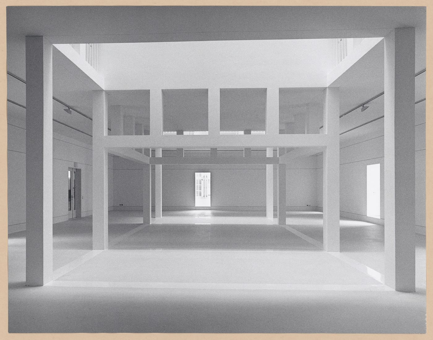 Interior view of the Deutsches Architekturmuseum [German Architecture Museum] showing the girders of the first storey of the House-in-House, light wells and exhibition areas, Schaumainkai 43, Frankfurt am Main, Germany