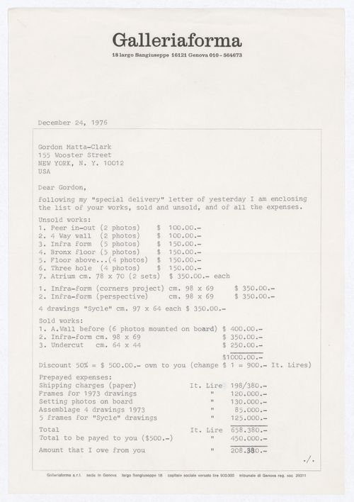 Letter from Paolo Minetti to Gordon Matta-Clark