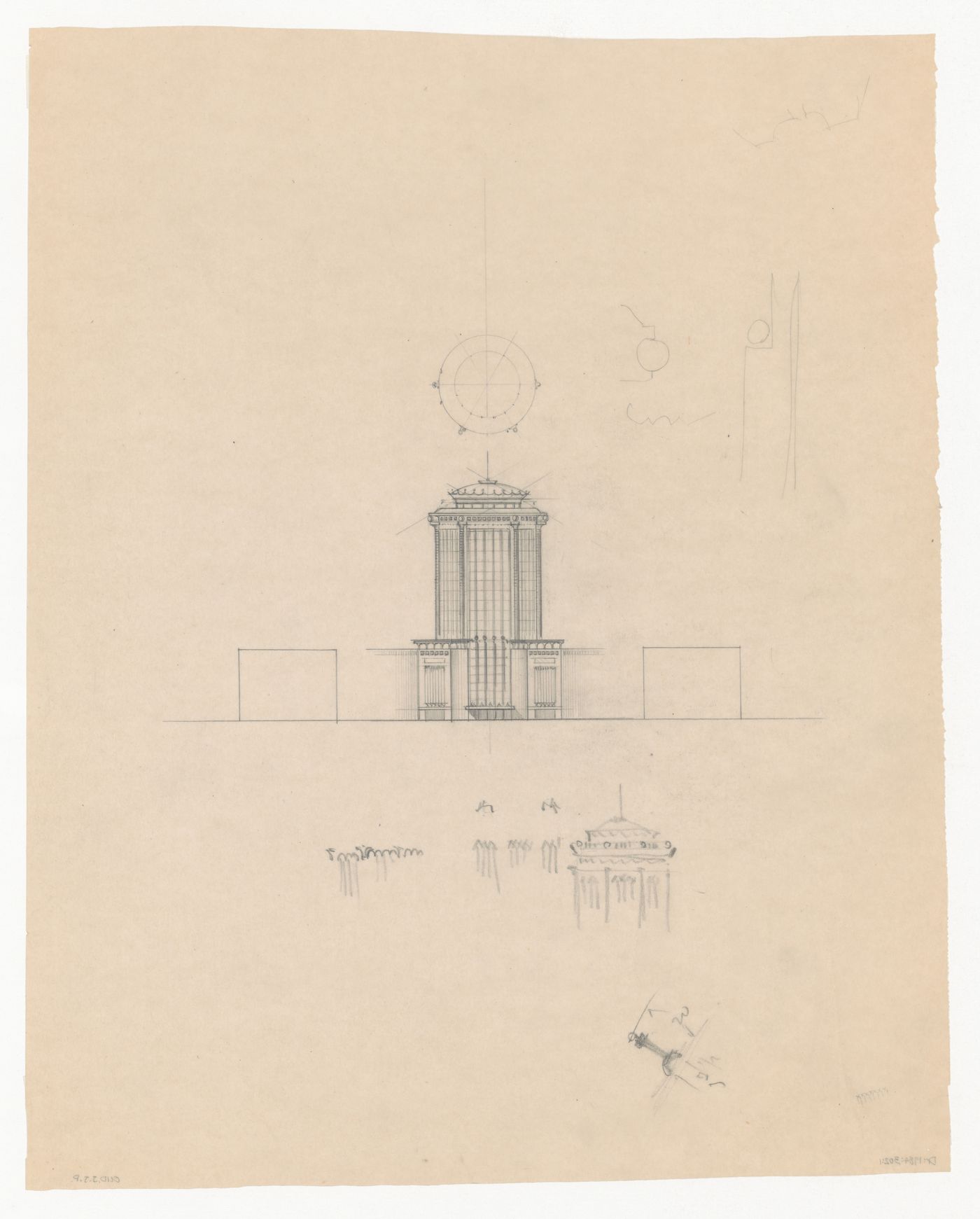 Elevation, partial sketch elevation, roof plan, and exterior ornament details for Industriegebouw Plan B for the reconstruction of the Hofplein (city centre), Rotterdam, Netherlands