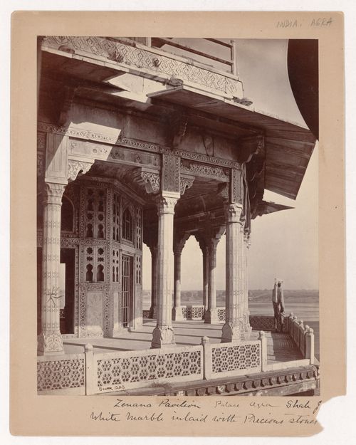 View of a porch [?] of the Zenana (also known as the Ladies' Pavilion) overlooking the Yamuna River (also known as the Jumna River), Agra Fort, Agra, India