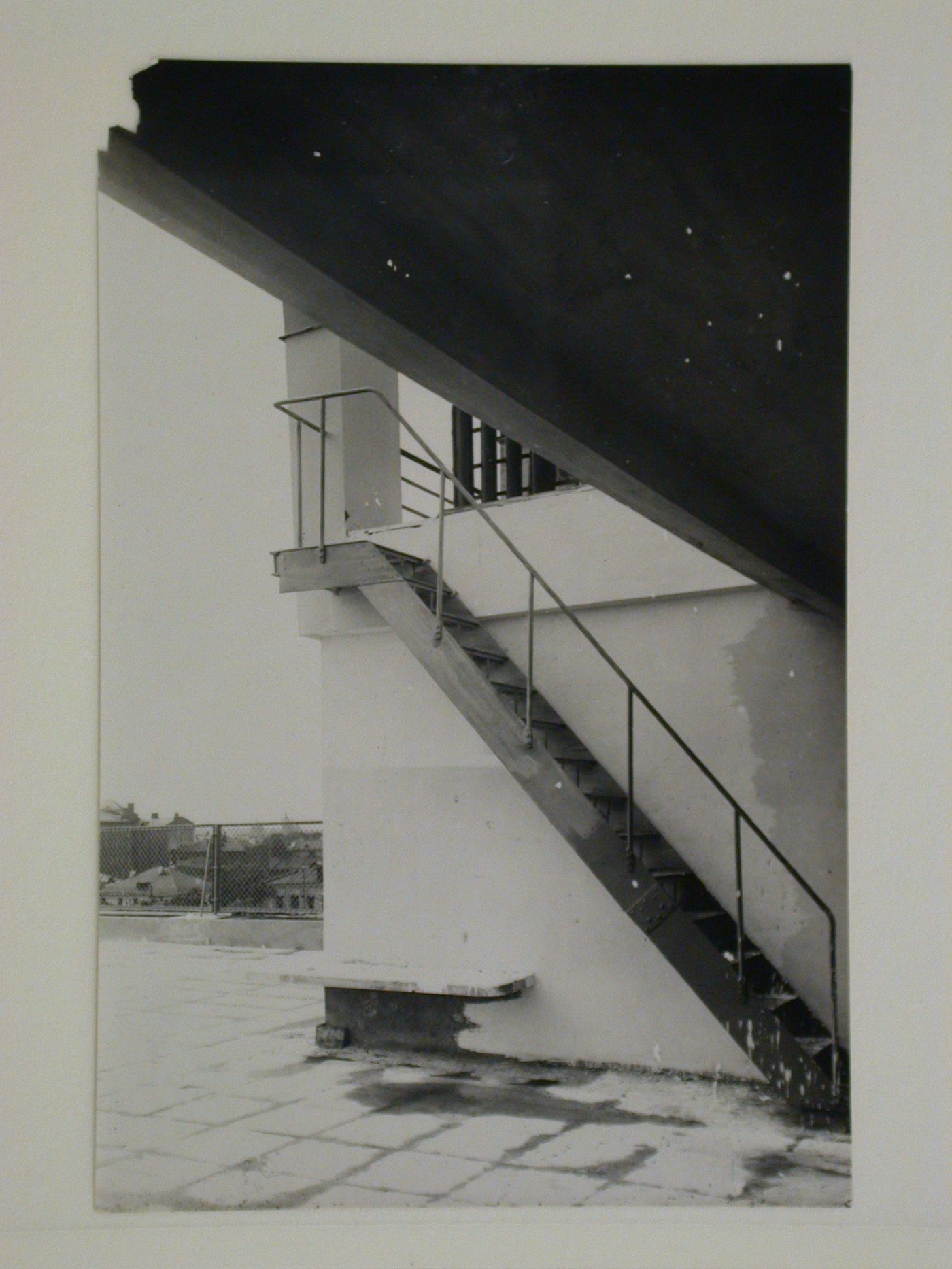 Partial view of the roof garden of the house-commune for State Insurance (Gosstrakh) employees showing the metal stairs to the upper level, 21 Malaia Bronnaia Street, Moscow