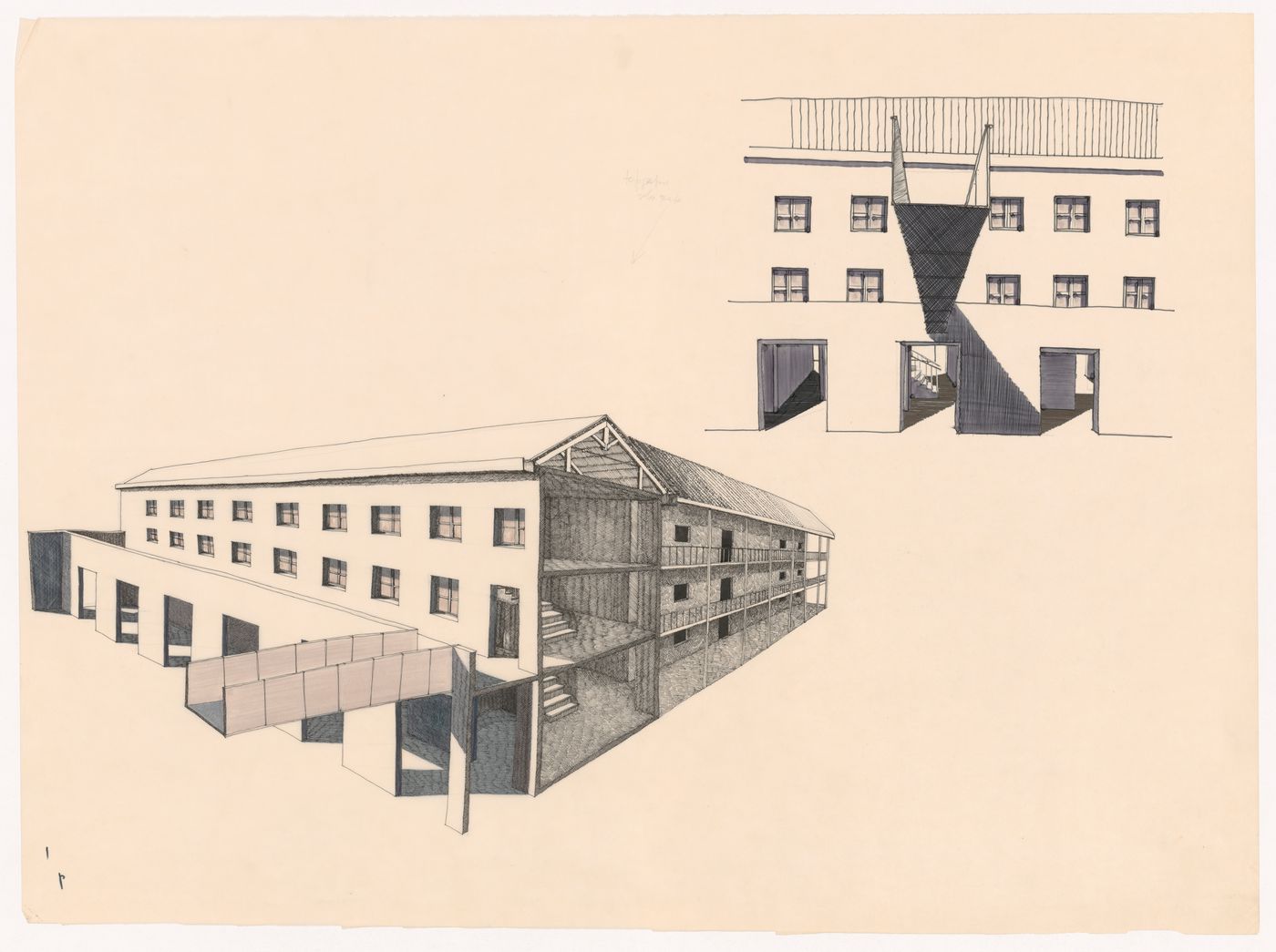 Sectional axonometric and perspective for Corral del Conde, Seville, Spain