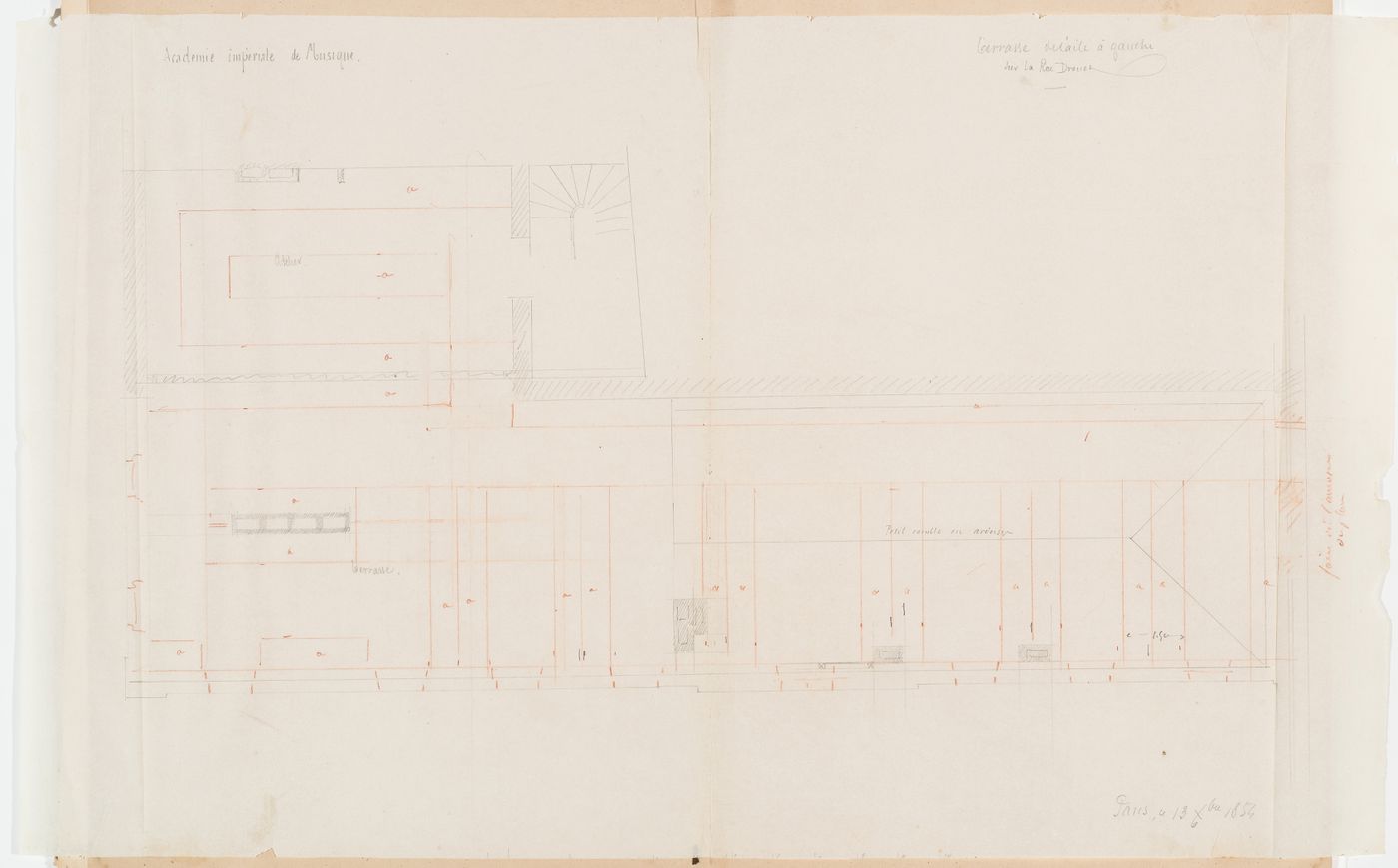 First floor plan of Salle Le Peletier showing the "terasse", with additions for alterations