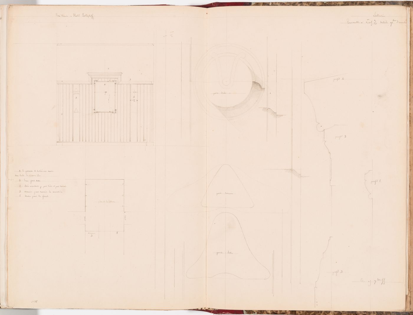 Elevation, plan, details, and moulding profiles for the door for the tack room, Hôtel Soltykoff