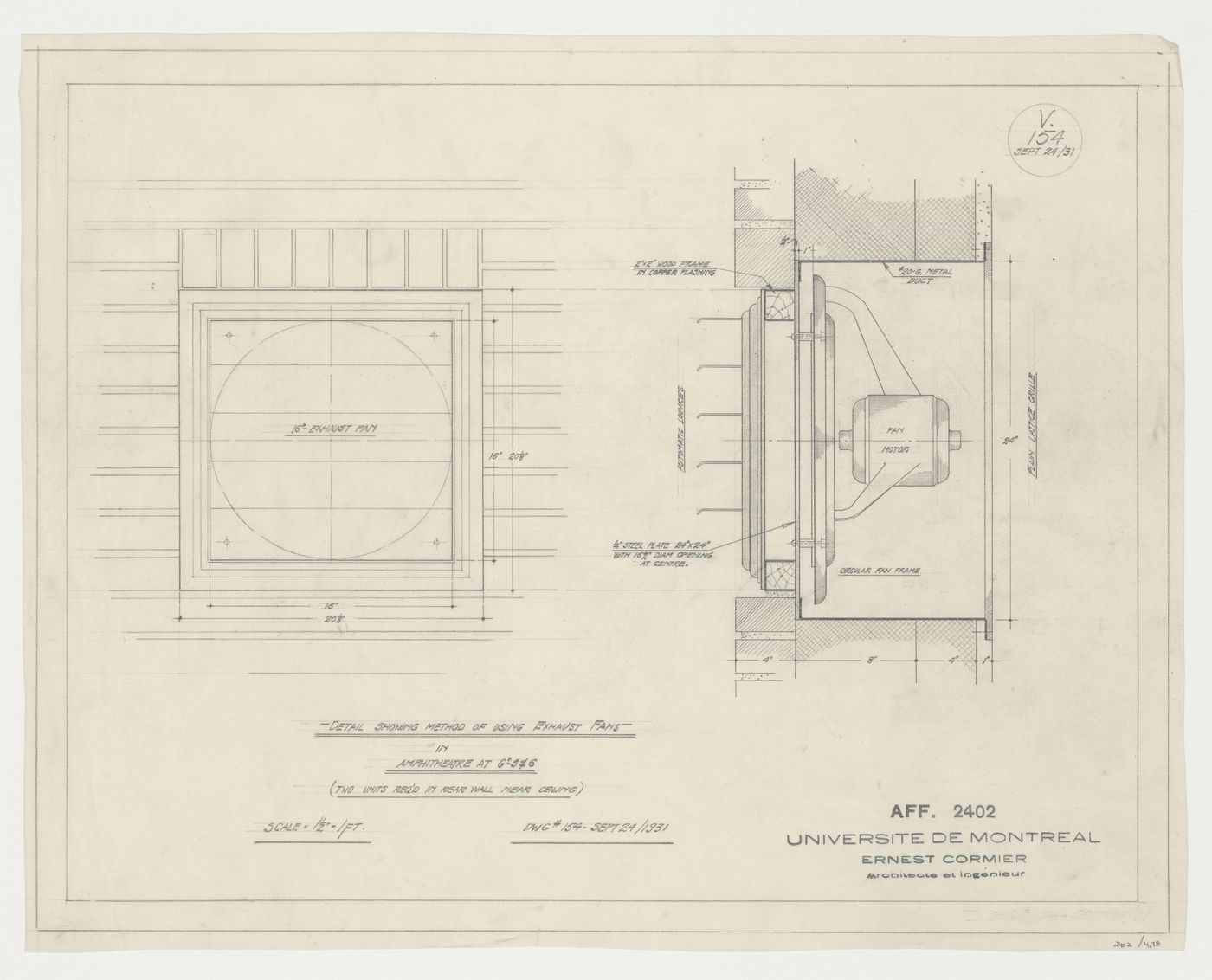 Détails d'un ventilateur d'extraction de l'amphithéâtre, Pavillon principal et campus, Université de Montréal, Montréal, Canada (1924-1947)