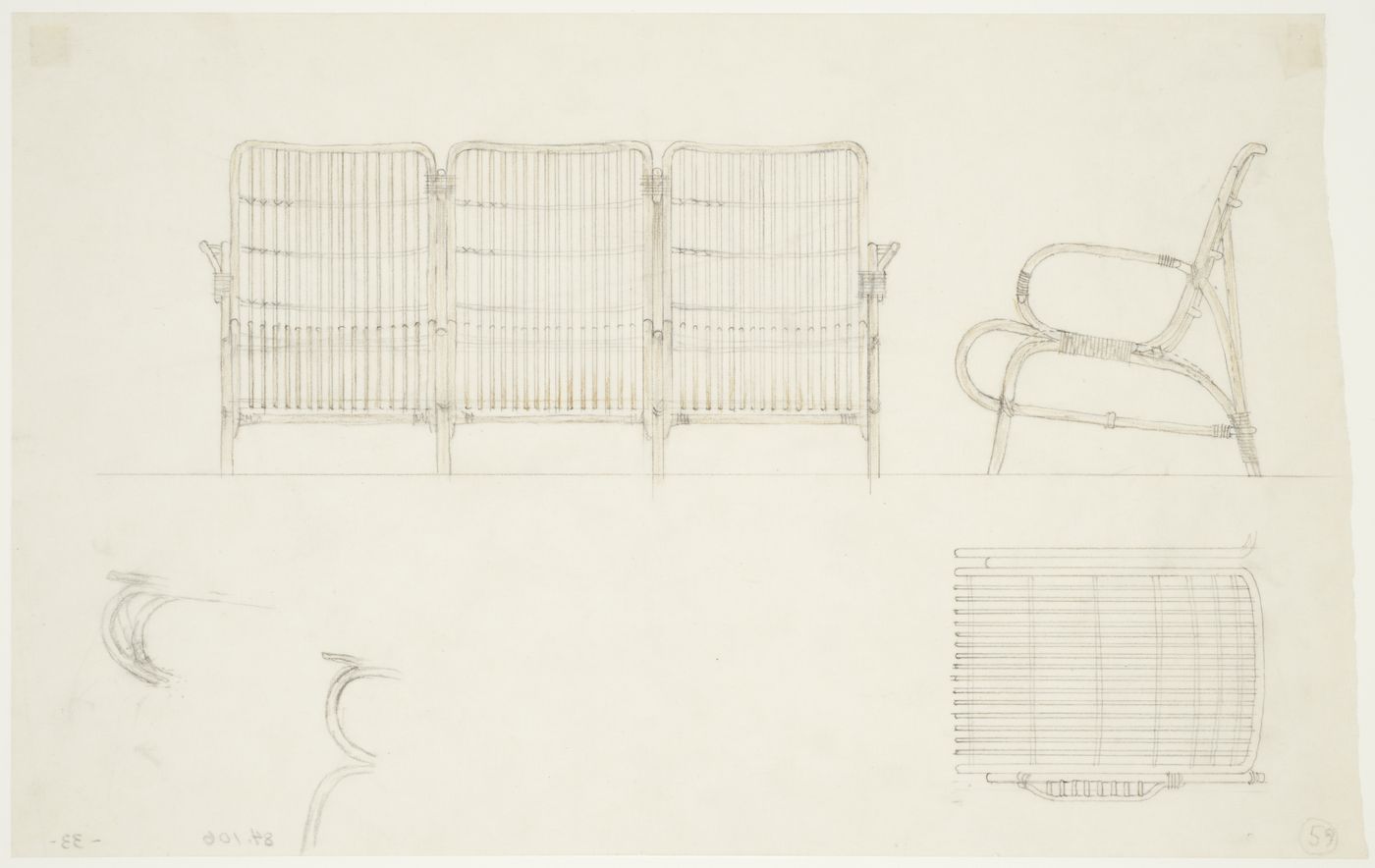 Elevations, a plan and details for three cane chairs, Göteborgs rådhusets tillbyggnad [courthouse annex], Göteborg, Sweden