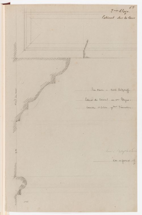 Full-scale profiles and a detail for the cornice and mouldings for the "cabinet de travail" or the "cabinet sur la cour" on the second floor, Hôtel Soltykoff