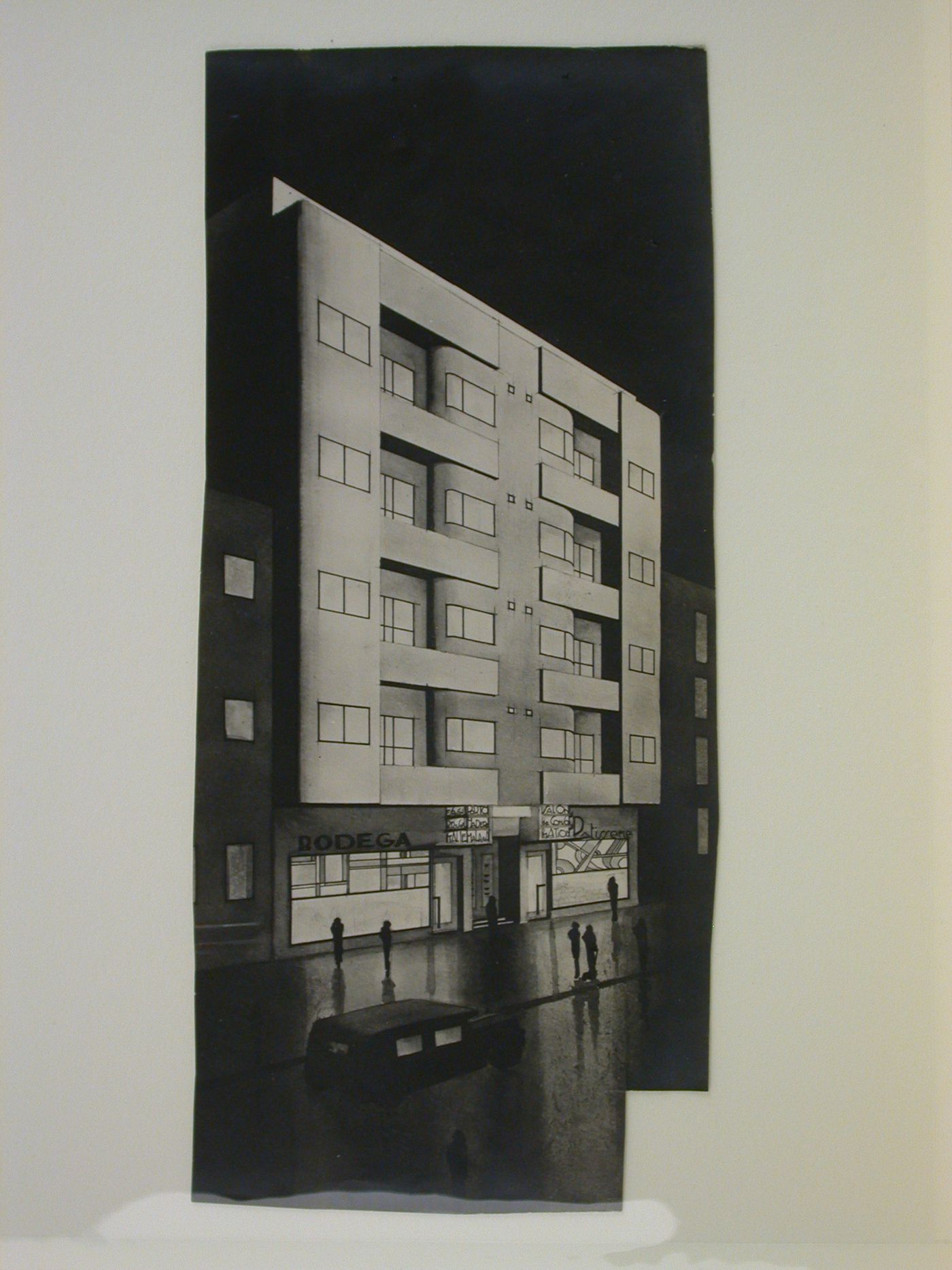 Drawing showing the façade of a five-storey building at night